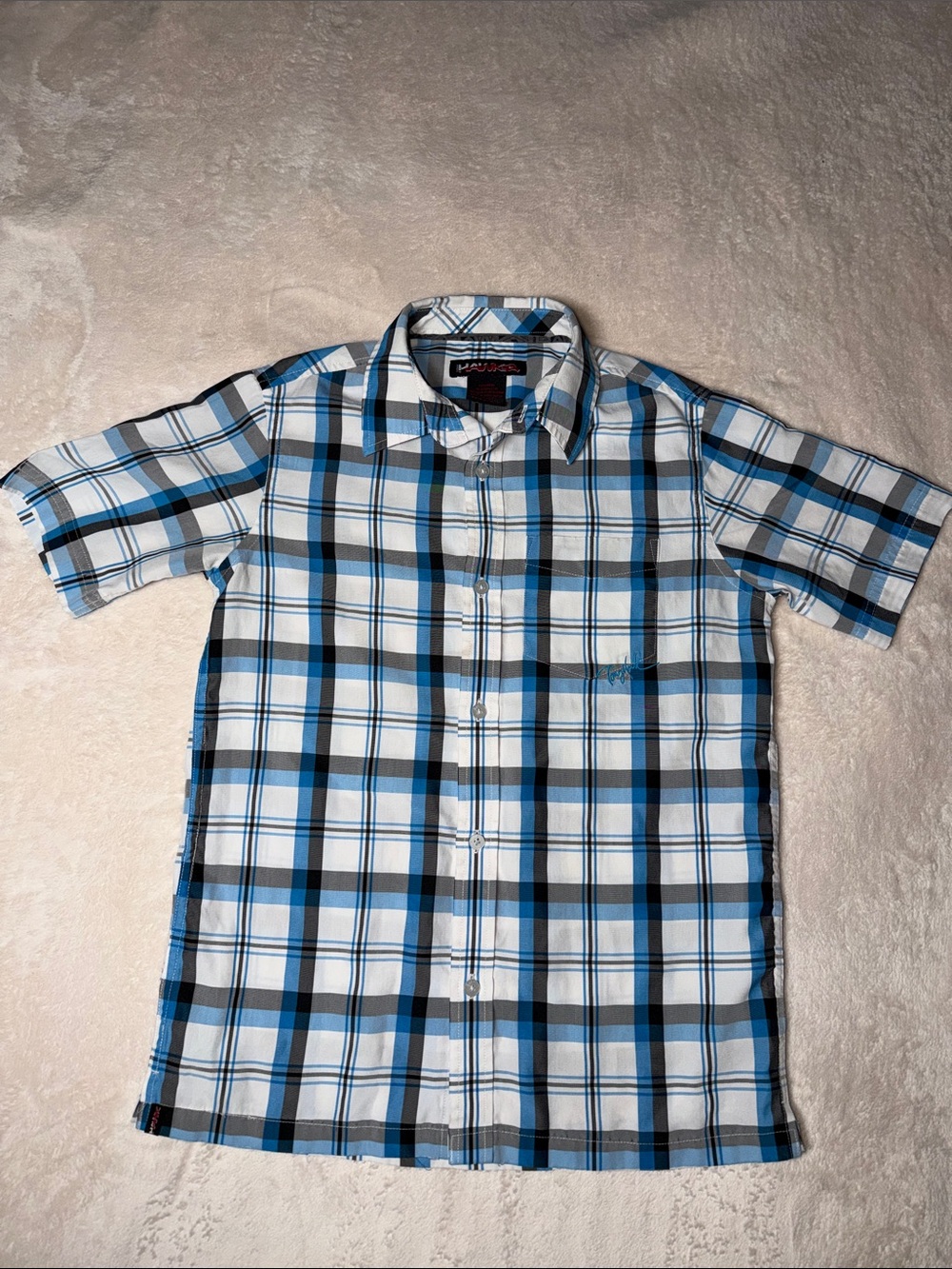 Tony Hawk Boys Plaid Short Sleeve Button Down Shirt Blue White Black Sz M 10/12